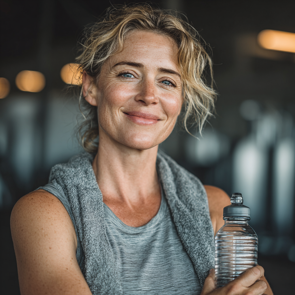 A confident middle-aged woman in her 50s wearing athletic wear, smiling while holding a water bottle in a modern gym setting, representing healthy lifestyle and fitness motivation for mature adults