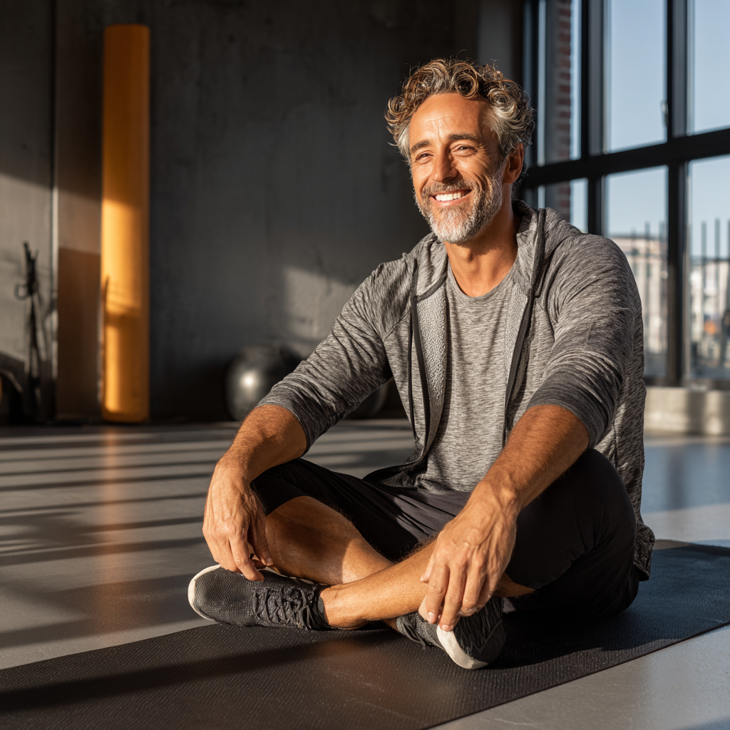 A smiling 45-year-old man in athletic clothing doing stretching exercises on a yoga mat in a bright, modern fitness studio, demonstrating safe and appropriate fitness practices for middle-aged adults